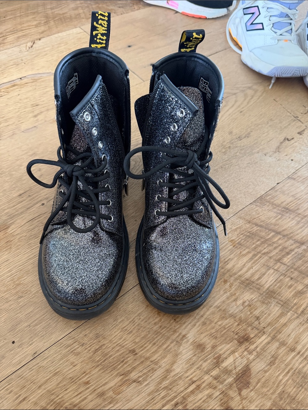 Kids Black Glitter Doc Martins- Lace-Up Chunky Sole